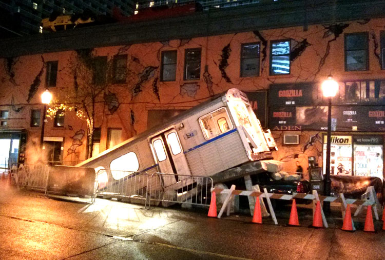 Subway car breaks out of the tunnel, and slams in to a parked car! Fake!